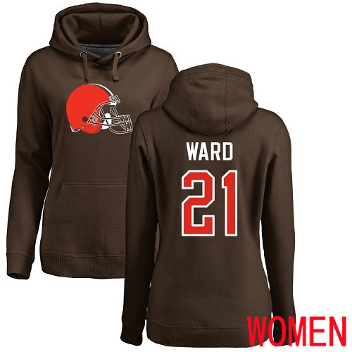 Cleveland Browns Denzel Ward Women Brown Jersey 21 NFL Football Name and Number Logo Pullover Hoodie Sweatshirt